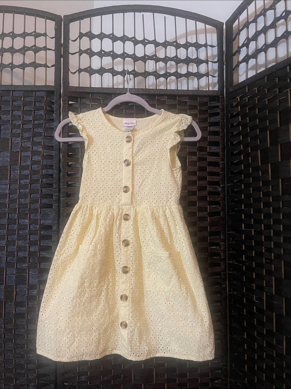 Little Me Yellow Eyelet Button-Front Dress with Flutter Sleeves